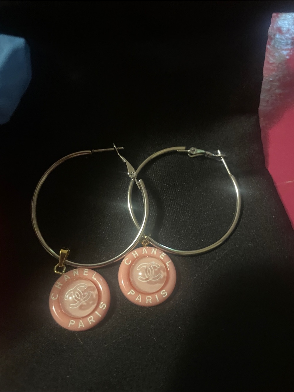 CHANEL upcycled Pink and Gold Hoop Earrings with Logo Disc - Picture 17 of 17